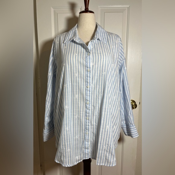 Lane Bryant Tops - Lane Bryant Light Blue and White Striped Women’s Shirt with Embroidered Details